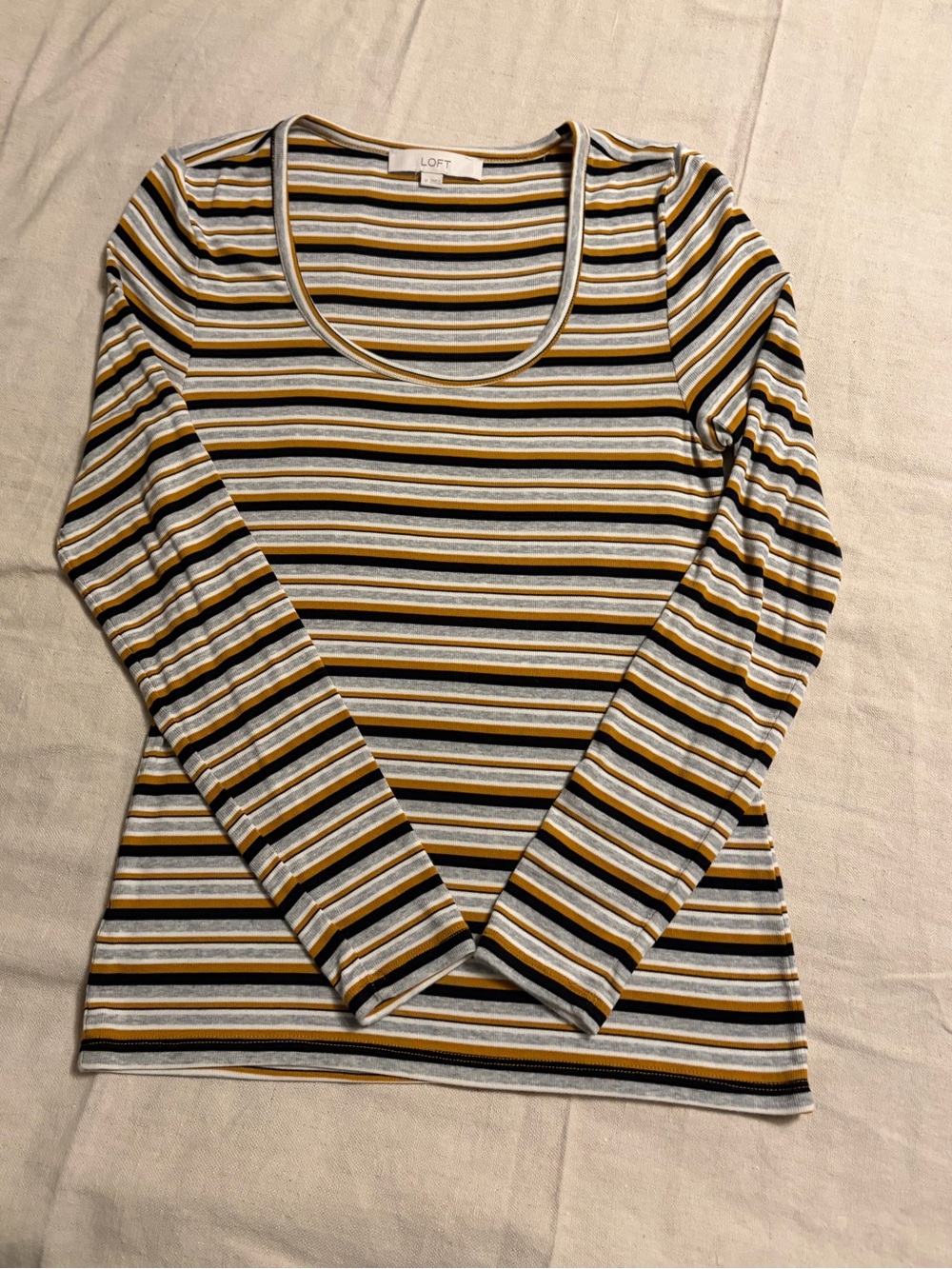 LOFT Women's Striped Long-Sleeve Scoop Neck Top - Mustard/Gray/Black